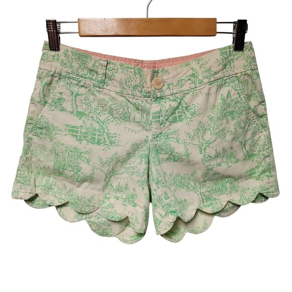 Lilly Pulitzer Toile Buttercup Scalloped Shorts Women's Vacation Summer Size 00 - Picture 1 of 8